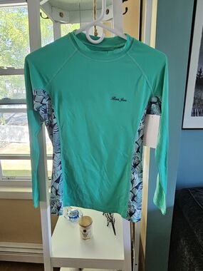 Ron Jon Teal Long Sleeve Rash Guard with Tropical Panels